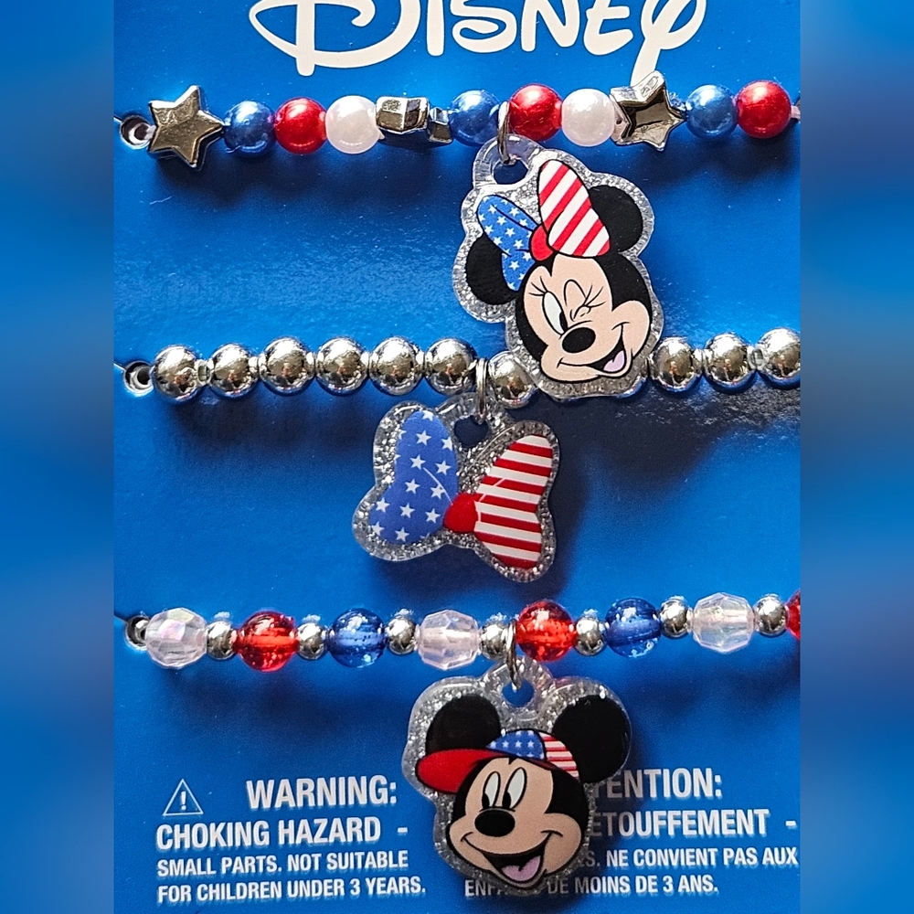 3 PC CLAIRE'S DISNEY MICKEY MINNIE MOUSE FOURTH OF JULY FLAG STRETCH BRACELETS